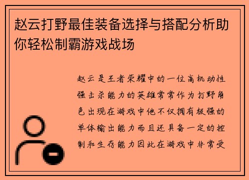 赵云打野最佳装备选择与搭配分析助你轻松制霸游戏战场