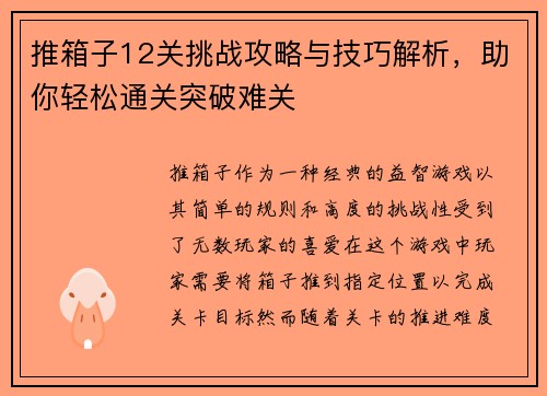 推箱子12关挑战攻略与技巧解析，助你轻松通关突破难关