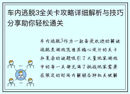车内逃脱3全关卡攻略详细解析与技巧分享助你轻松通关