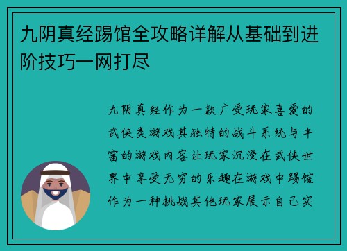 九阴真经踢馆全攻略详解从基础到进阶技巧一网打尽