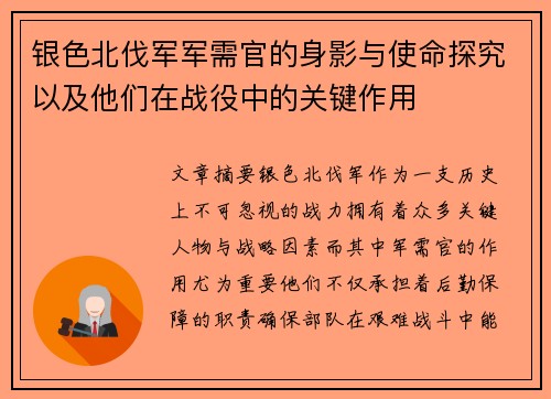 银色北伐军军需官的身影与使命探究以及他们在战役中的关键作用